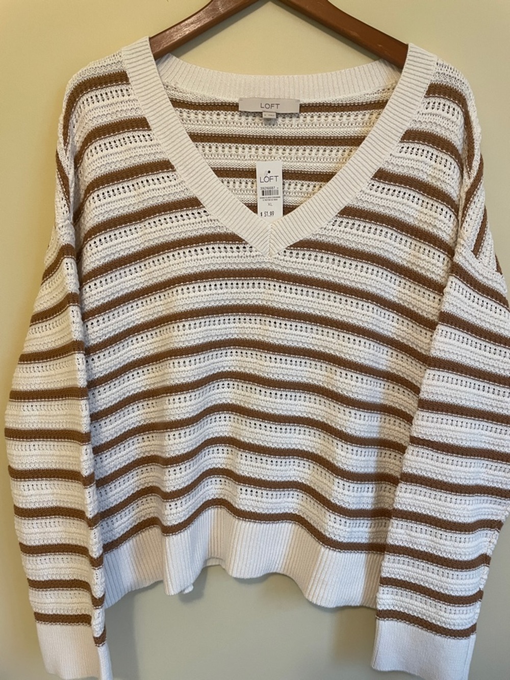 LOFT V-Neck Open-Knit Striped Sweater in Cream and Brown